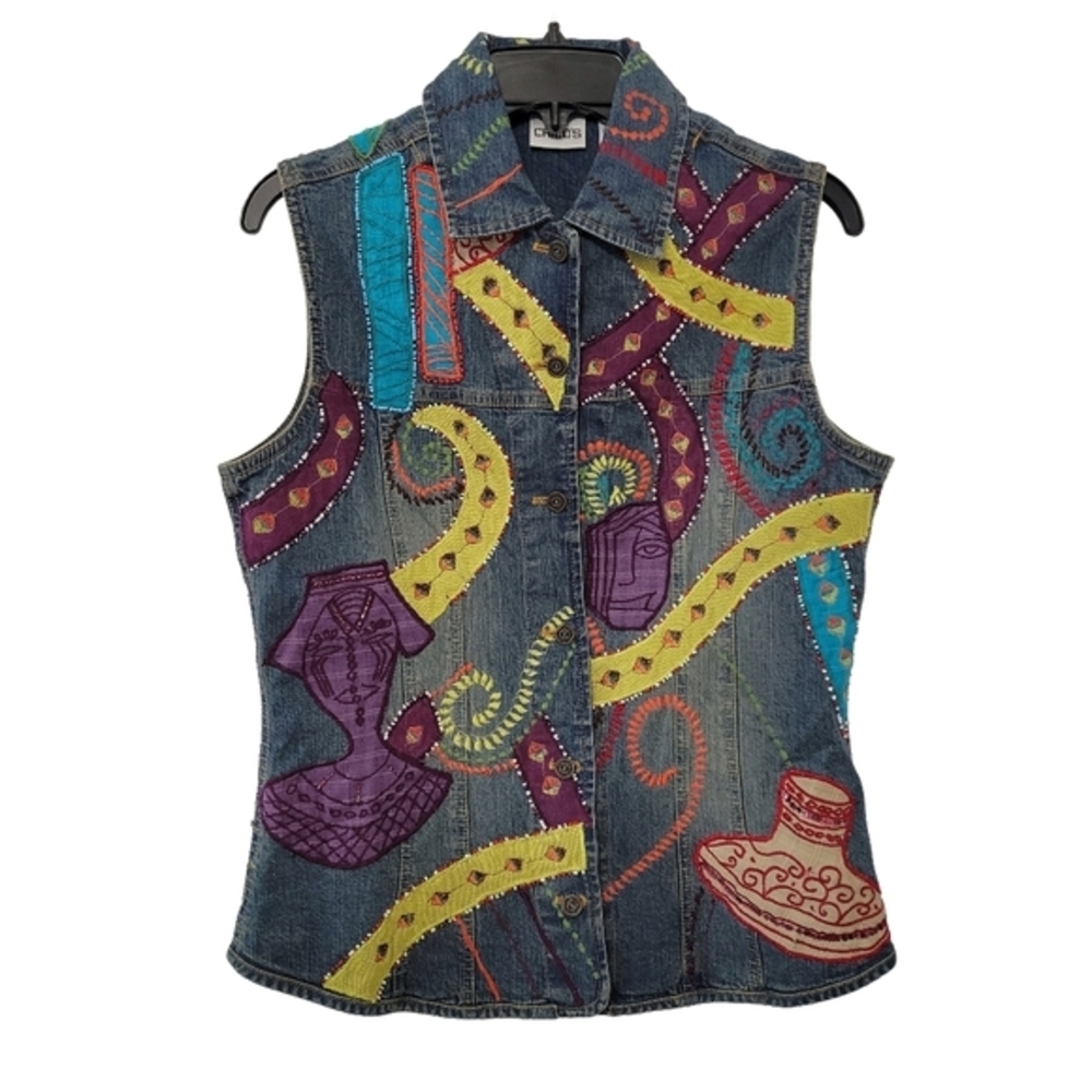 Chico's Women's Denim Vest‎ Sz 0 (Small) Colorful Beaded Embroidered Art to Wear